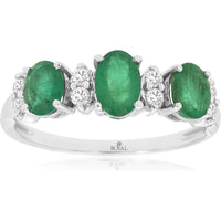 14K White Gold Three-Stone Ring with Oval Emeralds and Round Diamond Accents - 1.30 Carat Total Emerald Weight and 0.15 Carat Total Diamond Weight - Royal Jewelry