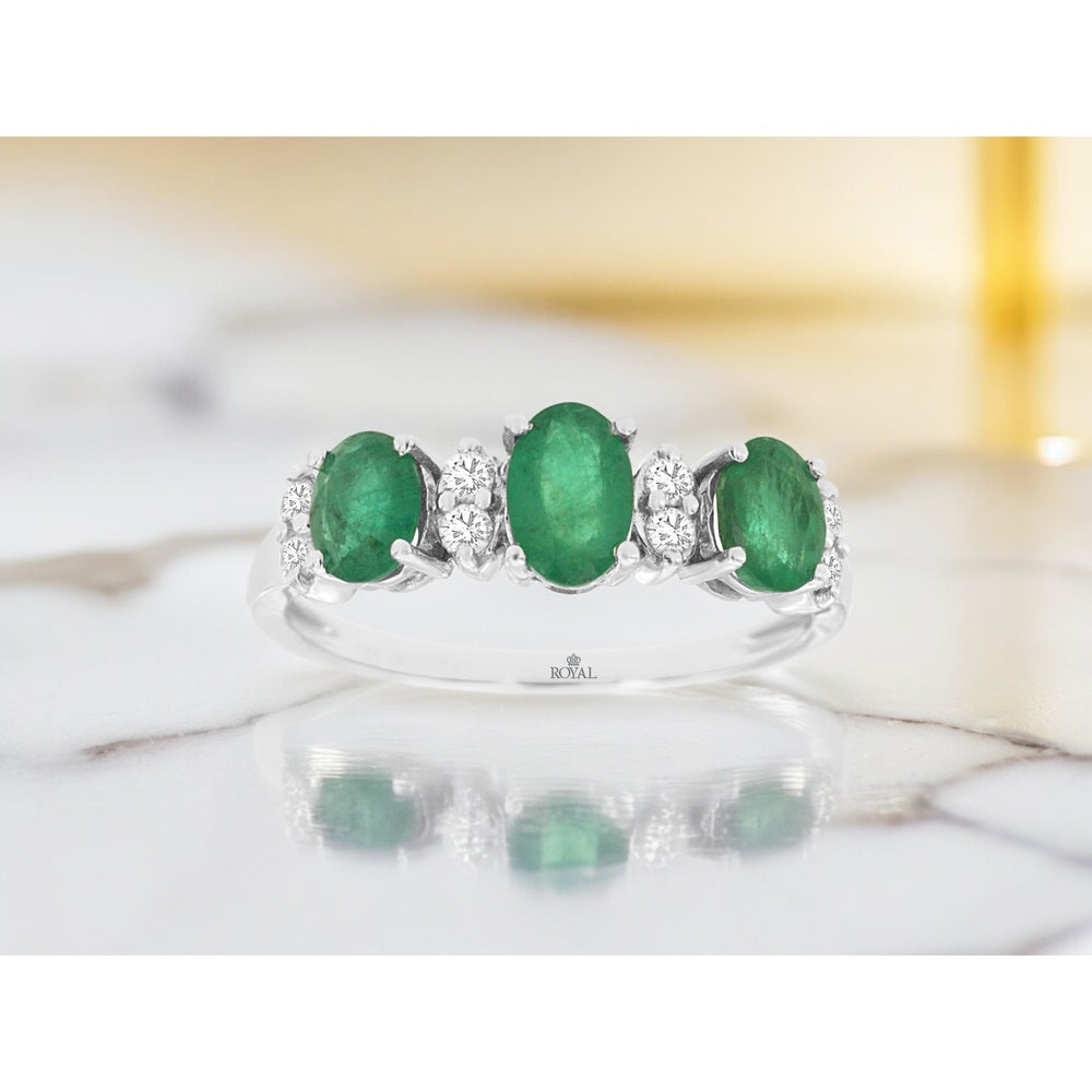 14K White Gold Three-Stone Ring with Oval Emeralds and Round Diamond Accents - 1.30 Carat Total Emerald Weight and 0.15 Carat Total Diamond Weight - Royal Jewelry