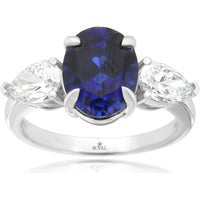 14K White Gold Three-Stone Ring with Oval Lab-Grown Sapphire and Pear Lab-Grown Diamond Side Stones - 3.8 Carat Sapphire and 1 Carat Total Diamond Weight - Royal Jewelry
