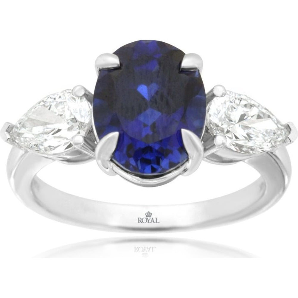 14K White Gold Three-Stone Ring with Oval Lab-Grown Sapphire and Pear Lab-Grown Diamond Side Stones - 3.8 Carat Sapphire and 1 Carat Total Diamond Weight - Royal Jewelry