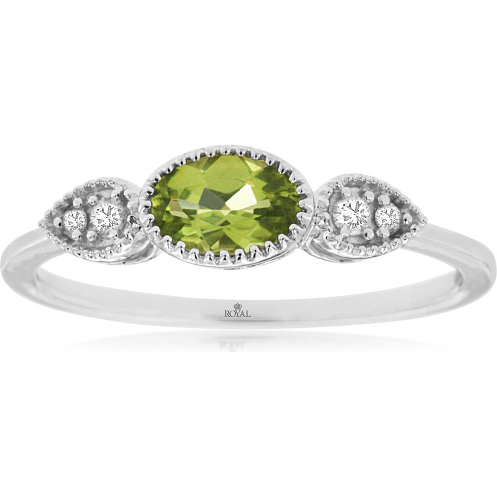 14K White Gold Three-Stone Ring with Oval Peridot and Pear-Shaped Diamond Accents - 0.45 Carat Peridot and 0.05 Carat Total Diamond Weight - Royal Jewelry
