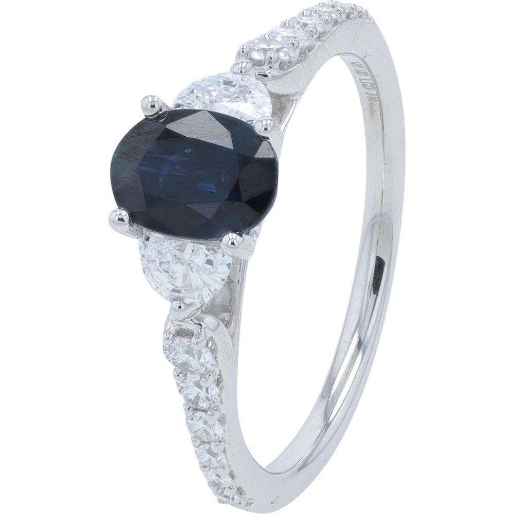 14K White Gold Three-Stone Ring with Oval Sapphire and Pear Lab-Grown Diamonds - 1.00 Carat Sapphire and 0.50 Carat Total Diamond Weight