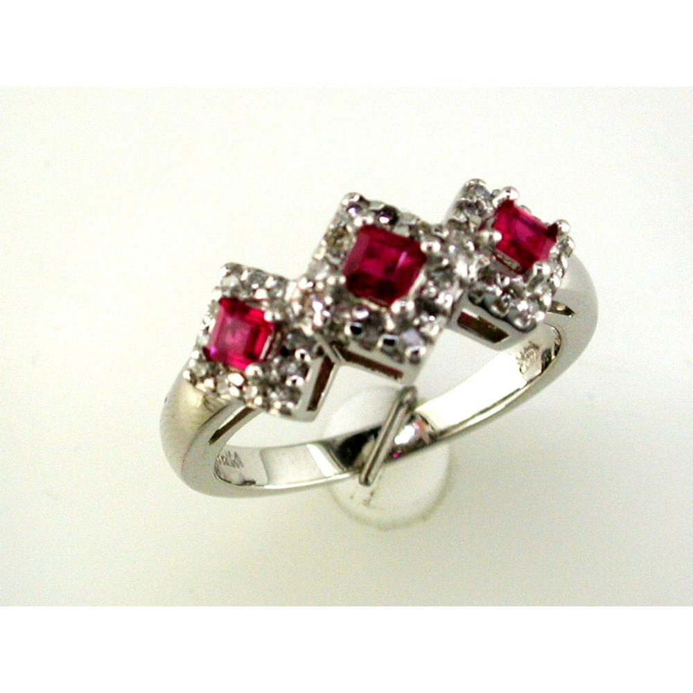 14K White Gold Three-Stone Ring with Princess Cut Rubies and Round Diamonds - 0.80 Carats Total Gem Weight