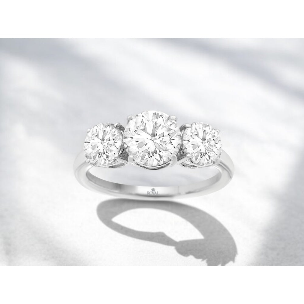 14K White Gold Three-Stone Ring with Prong-Set Round Lab Grown Diamonds - 3.00 Carat Total Center Diamond Weight with Matching Side Stones - Royal Jewelry