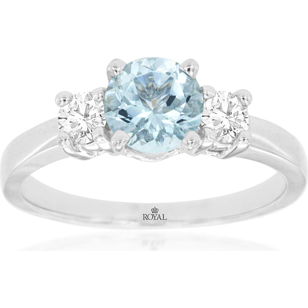 14K White Gold Three-Stone Ring with Round Aquamarine (0.74 Carat) and Round Diamond Accents (0.30 Total Carat Weight) - Royal Jewelry