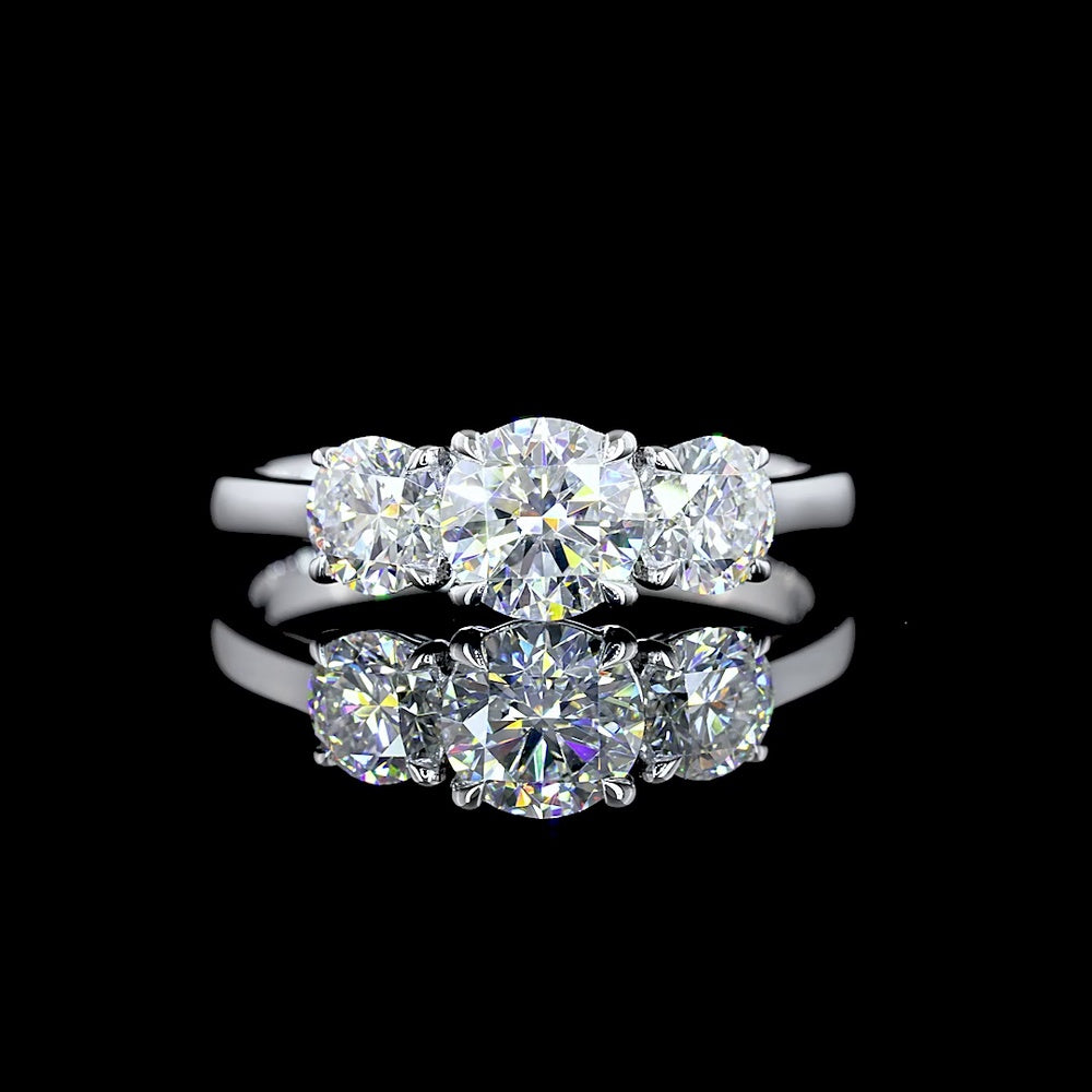 14K White Gold Three Stone Ring with Round Brilliant Cut Lab Diamonds - 1.38 Carats Total Diamond Weight - Covaloro Fine Jewelry