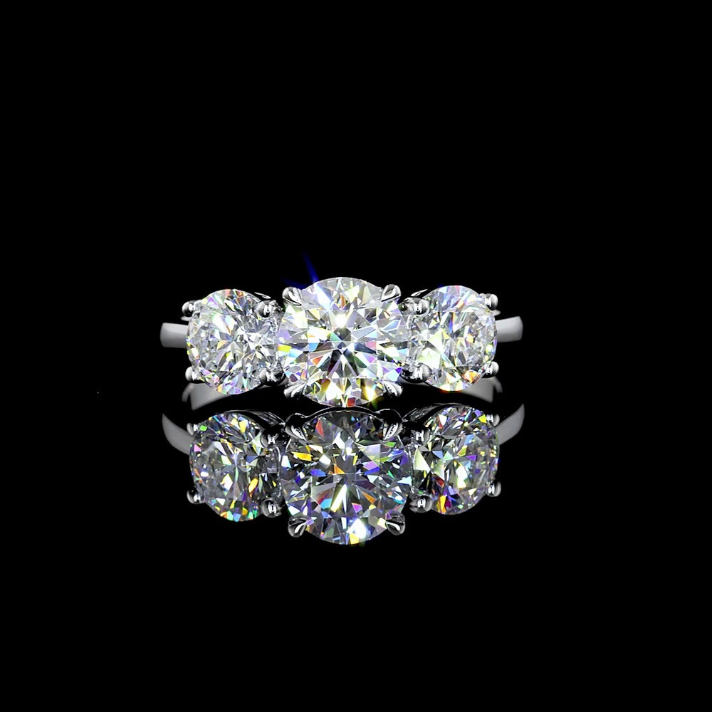 14K White Gold Three Stone Ring with Round Brilliant Cut Lab Diamonds - 2.12 Carat Total Weight (Center:1.05 Carats E VVS2, Sides:1.07 Carats D VVS2) - Covaloro Fine Jewelry