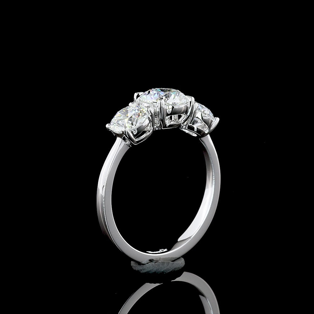 14K White Gold Three Stone Ring with Round Brilliant Cut Lab Diamonds - 2.12 Carat Total Weight (Center:1.05 Carats E VVS2, Sides:1.07 Carats D VVS2) - Covaloro Fine Jewelry