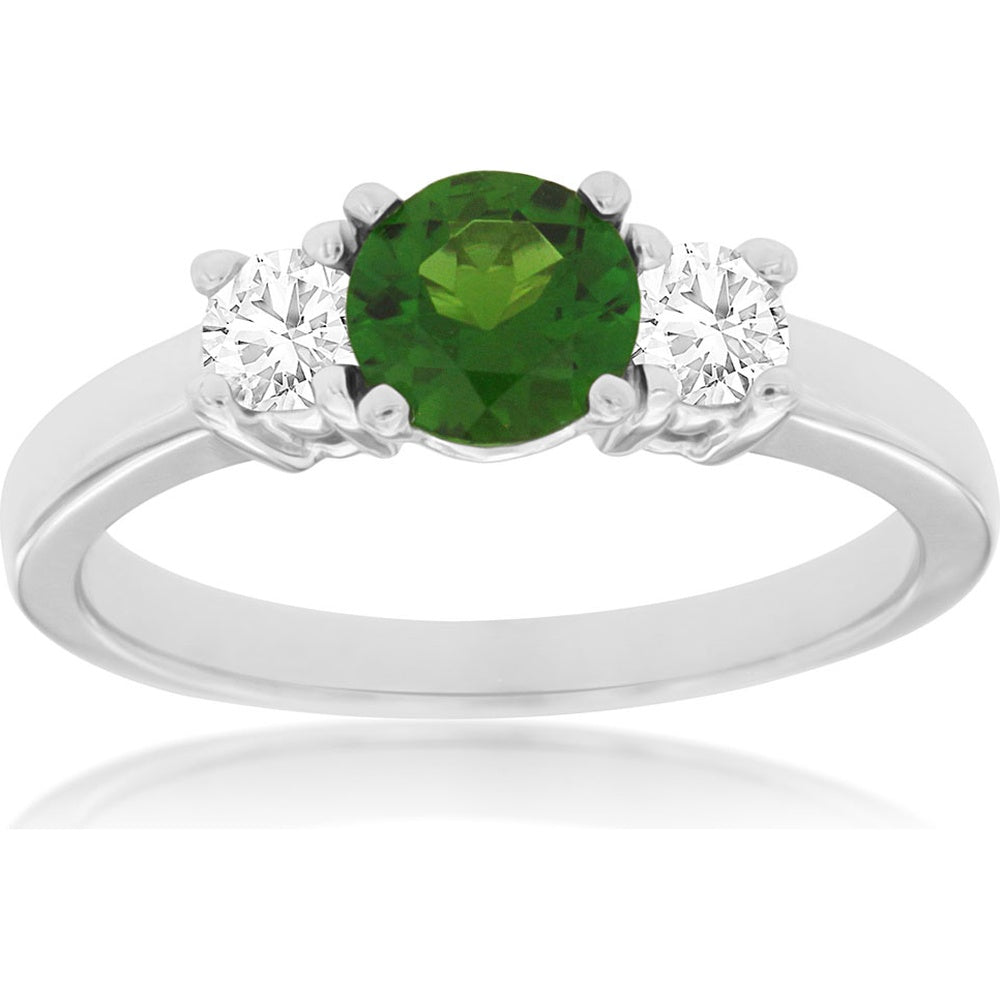 14K White Gold Three-Stone Ring with Round-Cut Russalite and Diamond Accents - 1.00 Carat Russalite and 0.30 Carat Total Diamond Weight - Royal Jewelry