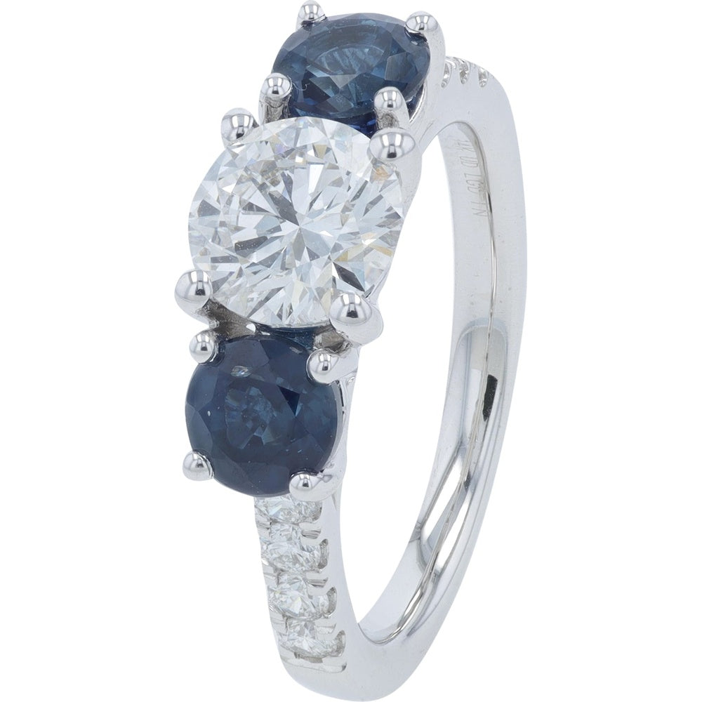 14K White Gold Three-Stone Ring with Round Lab Grown Diamond and Sapphires - 1.25 Carat Total Diamond Weight and 1.00 Carat Total Sapphire Weight