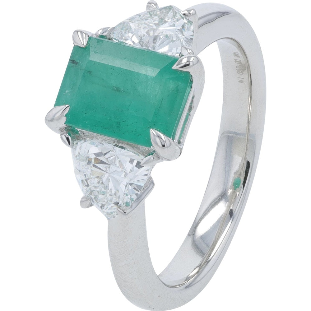 14K White Gold Three-Stone Ring with Step-Cut Emerald and Pear-Shaped Lab Grown Diamonds - 1.75 Carat Emerald and 1.00 Carat Total Diamond Weight