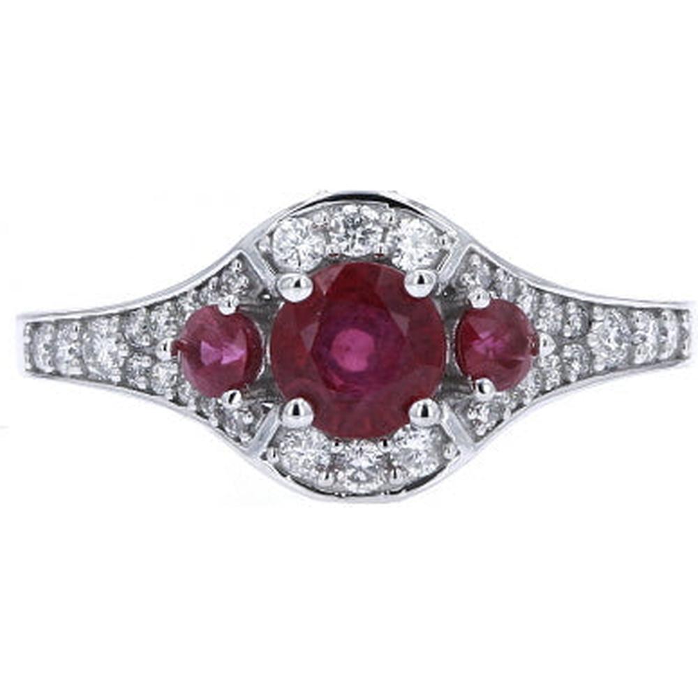 14K White Gold Three Stone Ruby and Diamond Ring - 0.95 Carat Total Ruby Weight, 0.42 Carat Total Diamond Weight