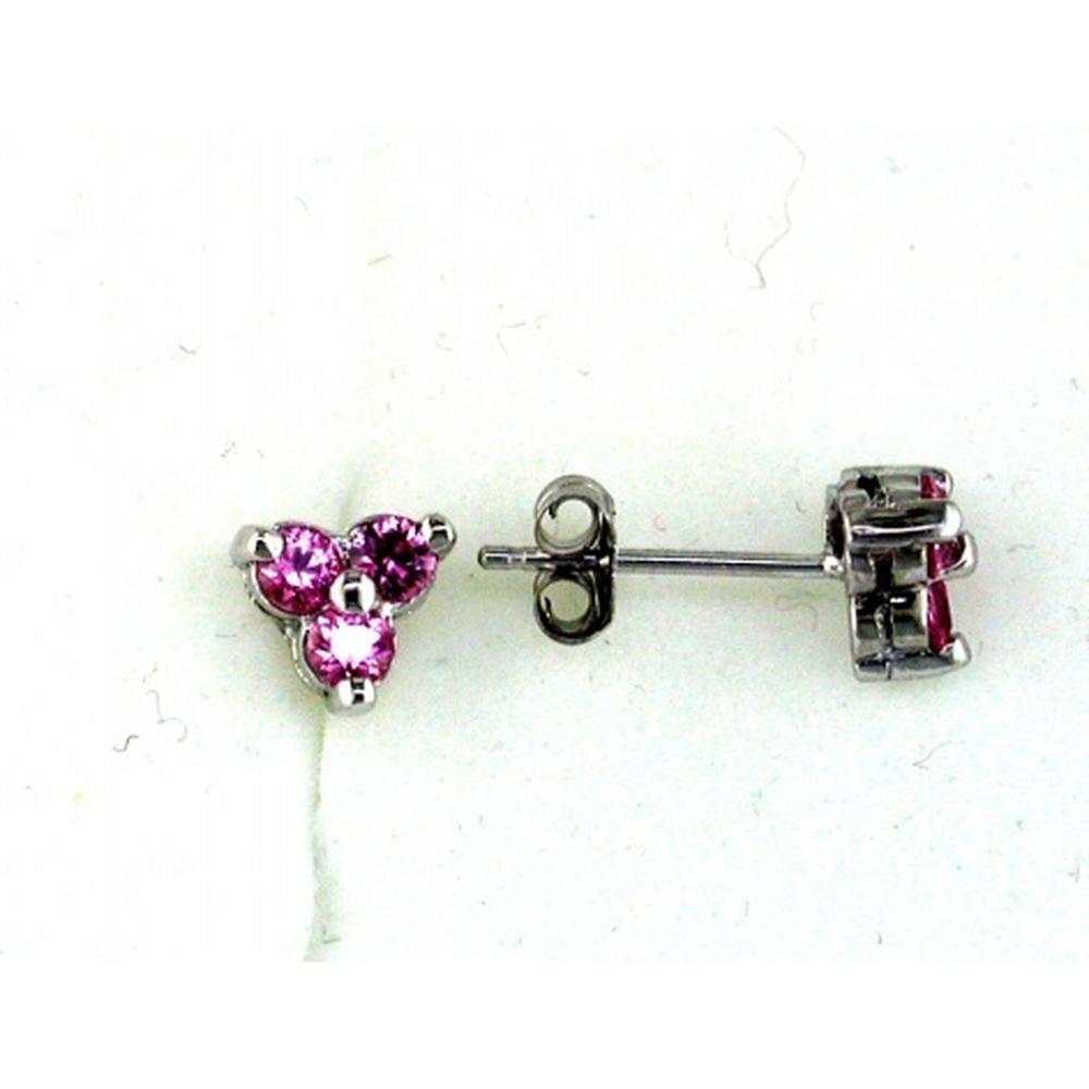 14K White Gold Three-Stone Stud Earrings with Round Pink Sapphires - 0.50 Carat Total Pink Sapphire Weight - Royal Jewelry