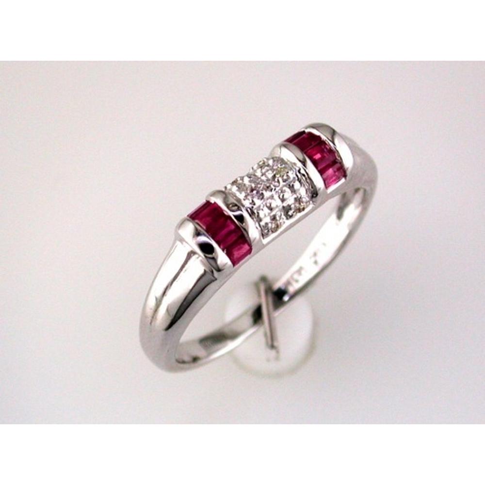 14K White Gold Three-Stone Style Ring with Round Diamond Accents and Baguette Cut Rubies - 0.55 Carat Total Gem Weight - Royal Jewelry