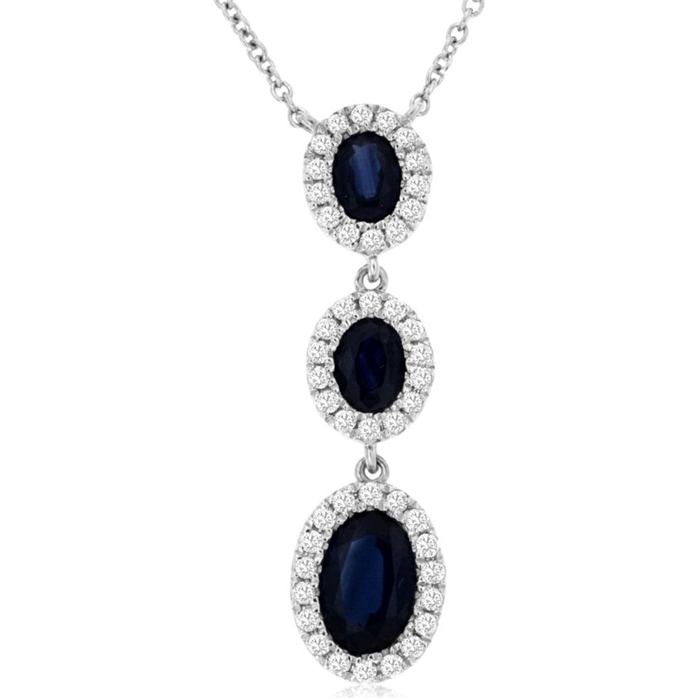 14K White Gold Three-Tier Drop Necklace with Oval Sapphires and Diamond Halos - 1.00 Carat Total Sapphire Weight and 0.17 Carat Total Diamond Weight - Royal Jewelry