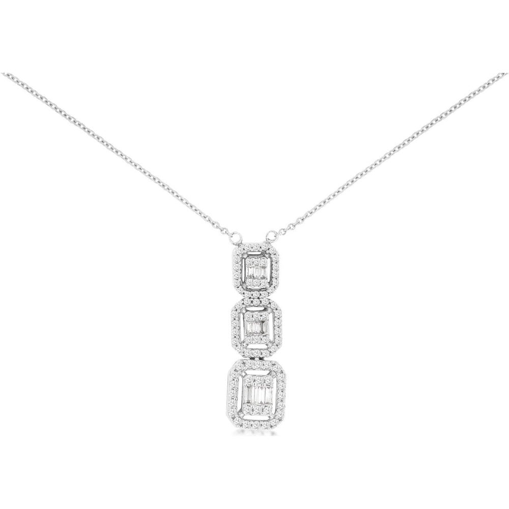 14K White Gold Three-Tier Geometric Drop Pendant with Baguette and Round Diamond Halo Accents - 0.38 Carat Total Diamond Weight - Royal Jewelry