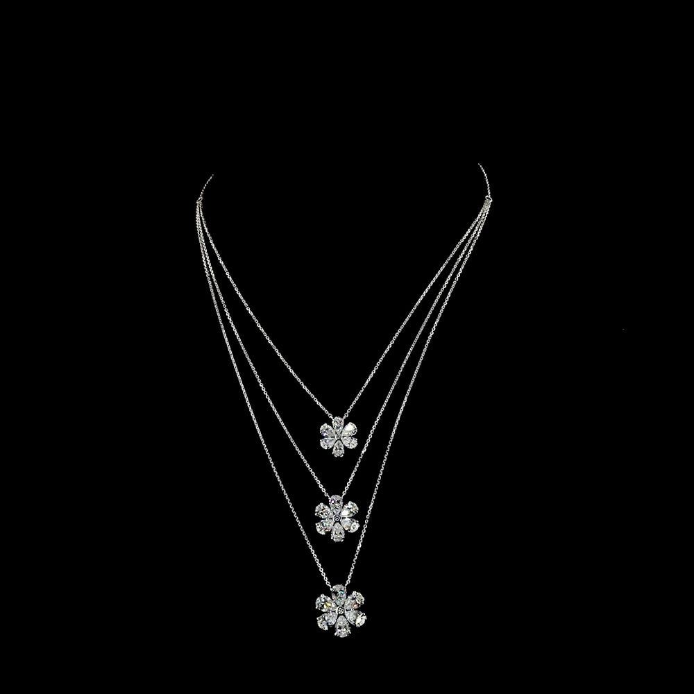 14K White Gold Three-Tier Graduating Flower Pendant Necklace with Pear and Round Lab Grown Diamonds - 9.33 Carats Total Diamond Weight - Covaloro Fine Jewelry