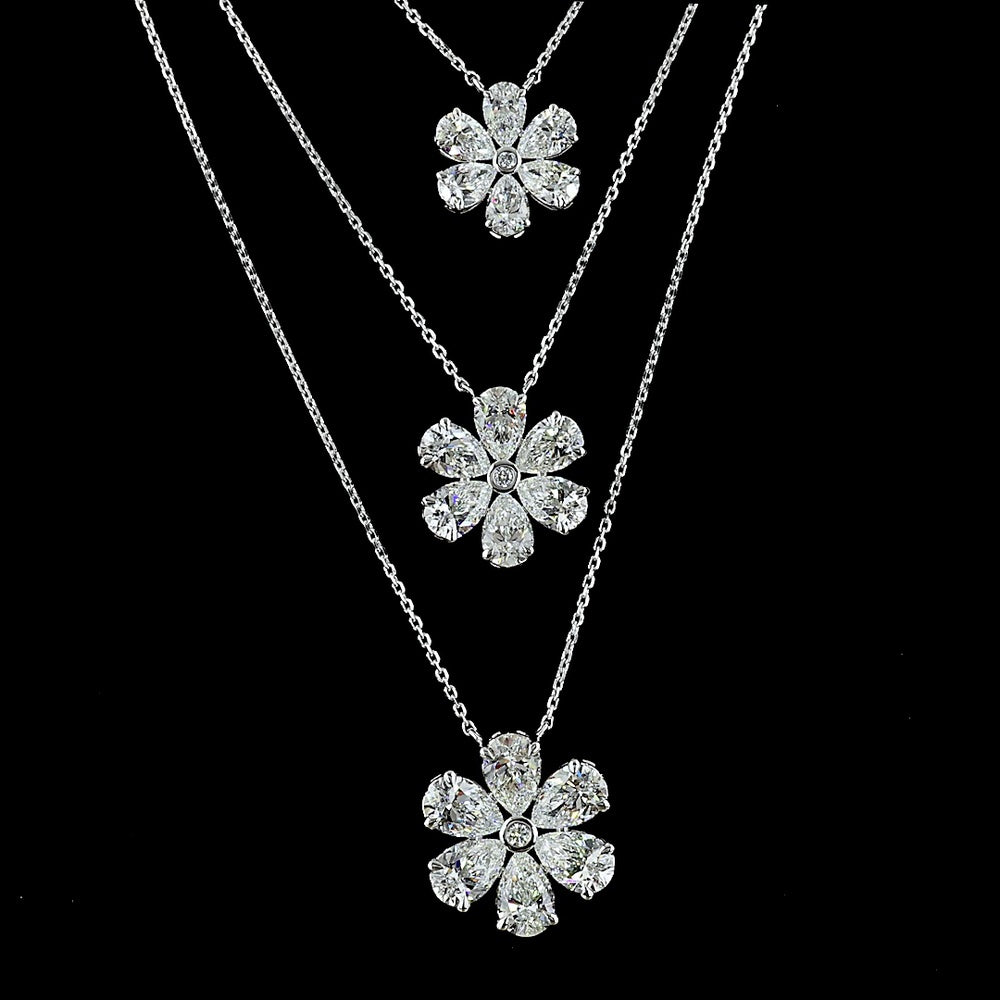 14K White Gold Three-Tier Graduating Flower Pendant Necklace with Pear and Round Lab Grown Diamonds - 9.33 Carats Total Diamond Weight - Covaloro Fine Jewelry