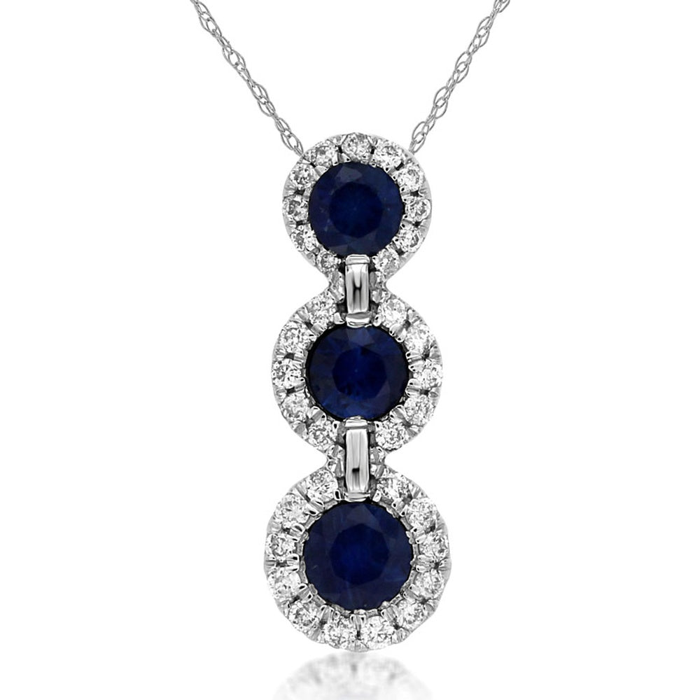 14K White Gold Three-Tier Halo Pendant with Round Blue Sapphires and Round Diamonds - 0.58 Carat Total Sapphire Weight and 0.17 Carat Total Diamond Weight - Royal Jewelry