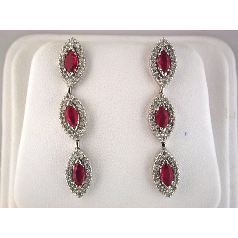 14K White Gold Three-Tier Marquise Ruby and Diamond Halo Drop Earrings - 1.70 Carat Total Ruby Weight and 0.75 Carat Total Diamond Weight - Royal Jewelry