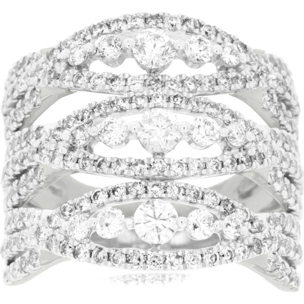 14K White Gold Three-Tier Open Shank Statement Ring with Pave Set Round Diamonds - 1.80 Carat Total Diamond Weight - Royal Jewelry
