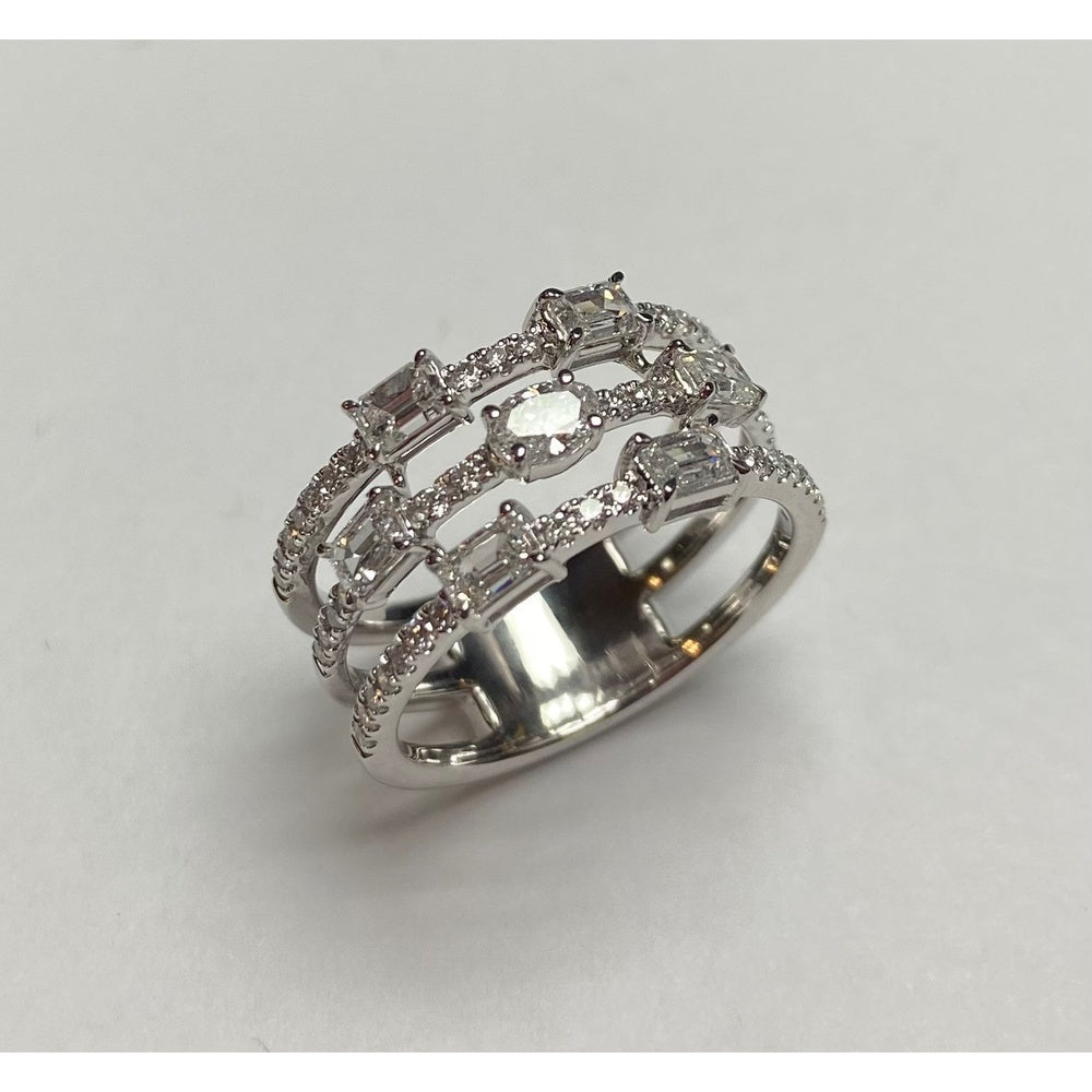 14K White Gold Three-Tier Openwork Fashion Ring with Round and Baguette Diamonds - 1.51 Carat Total Diamond Weight by Auriventus