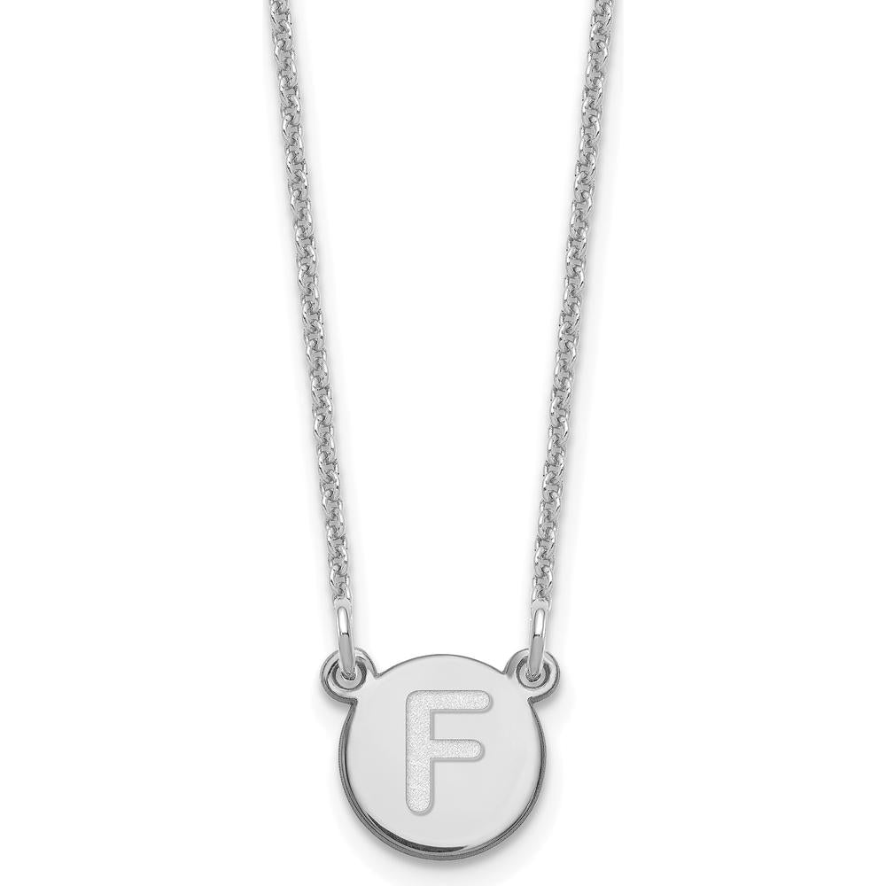 14K White Gold Tiny Circle Initial "F" Pendant Necklace with Rhodium Plating by Oro Pregiato