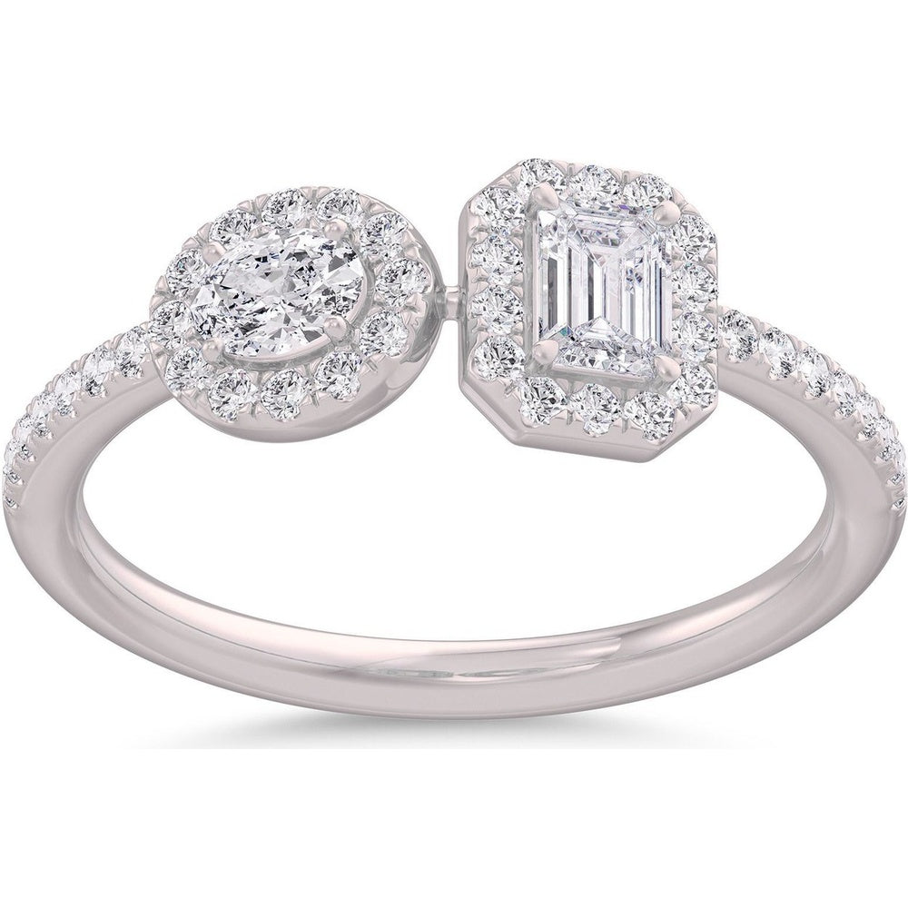 14K White Gold Toi et Moi Fashion Ring with Round and Emerald Cut Diamond Halos - 0.74 Carat Total Diamond Weight by Auriventus