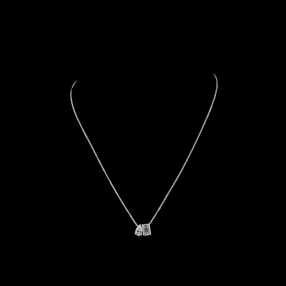 14K White Gold Toi et Moi Pendant with 1.08 Carat Emerald Cut Lab Diamond and 0.54 Carat Pear Shape Lab Diamond - 1.62 Total Carat Weight - Covaloro Fine Jewelry