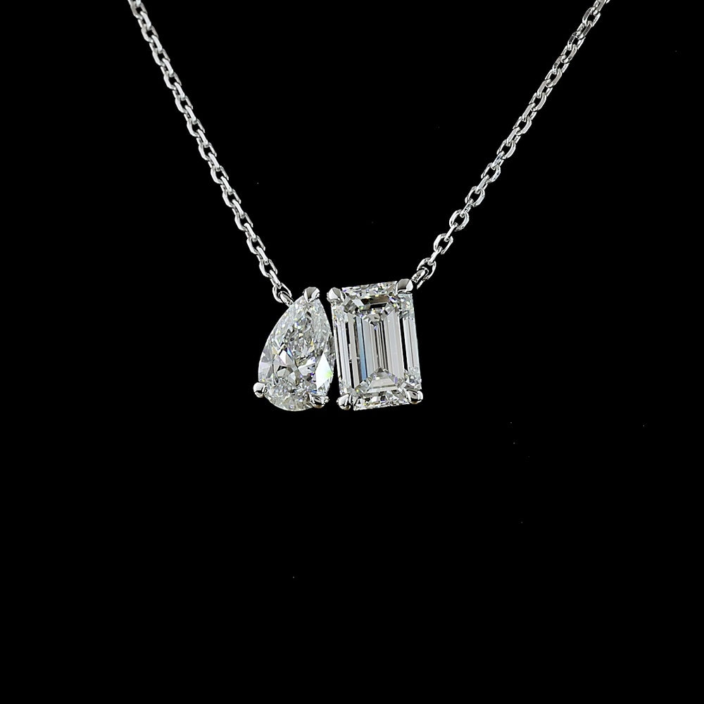 14K White Gold Toi et Moi Pendant with 1.08 Carat Emerald Cut Lab Diamond and 0.54 Carat Pear Shape Lab Diamond - 1.62 Total Carat Weight - Covaloro Fine Jewelry