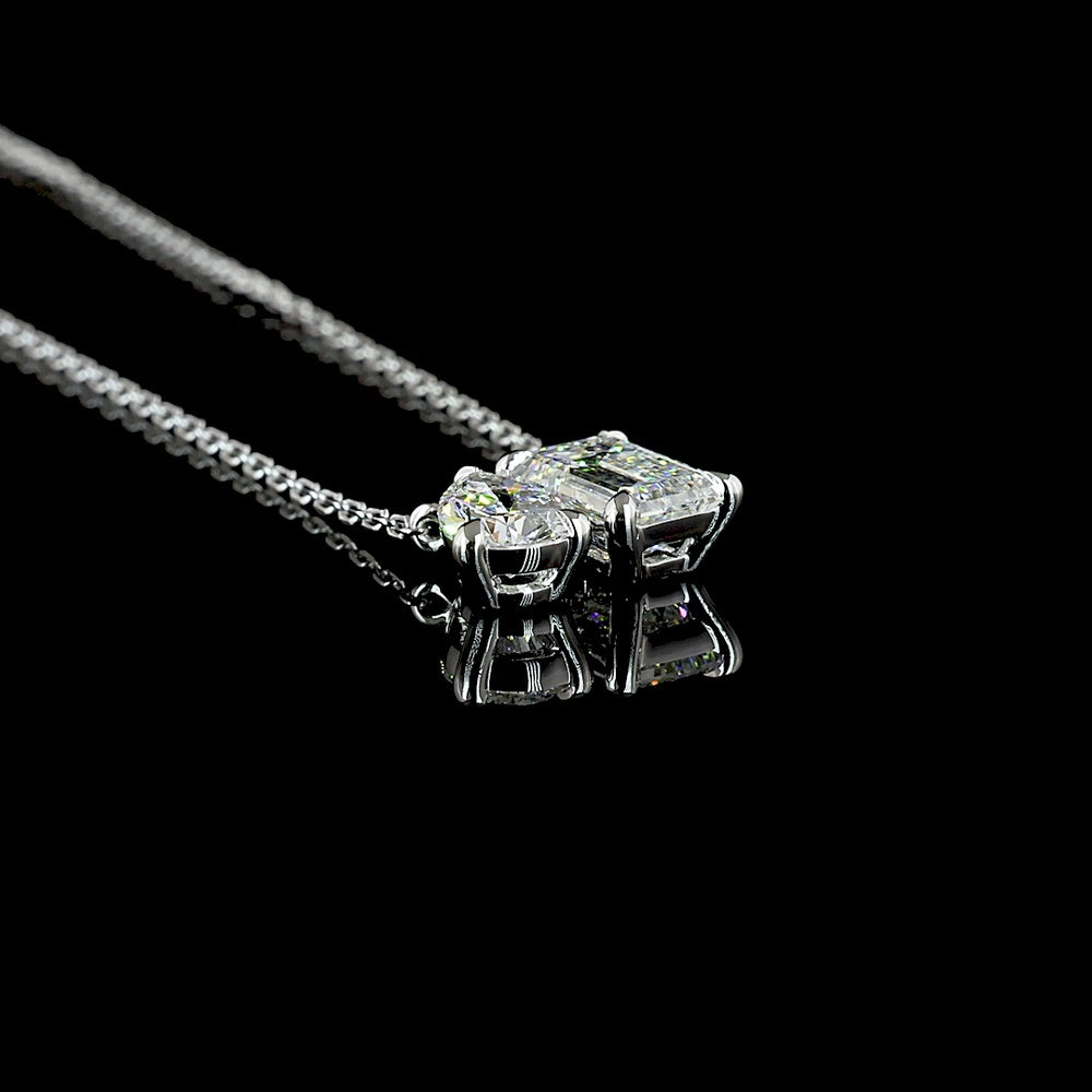 14K White Gold Toi et Moi Pendant with 1.08 Carat Emerald Cut Lab Diamond and 0.54 Carat Pear Shape Lab Diamond - 1.62 Total Carat Weight - Covaloro Fine Jewelry