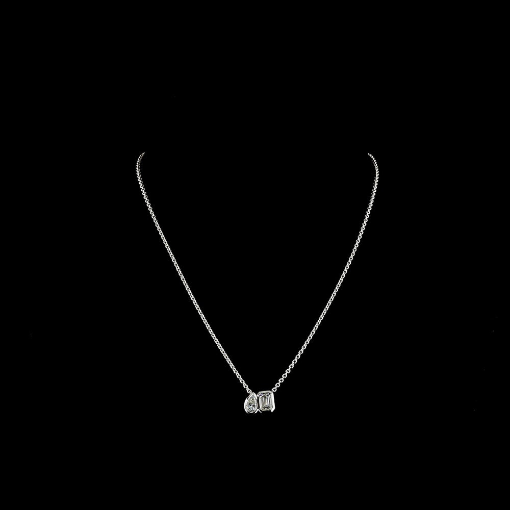 14K White Gold Toi et Moi Pendant with 1.10 Carat Emerald Cut and 0.48 Carat Pear Shape Lab Diamonds - 1.58 Carat Total Weight in Bezel Setting - Covaloro Fine Jewelry