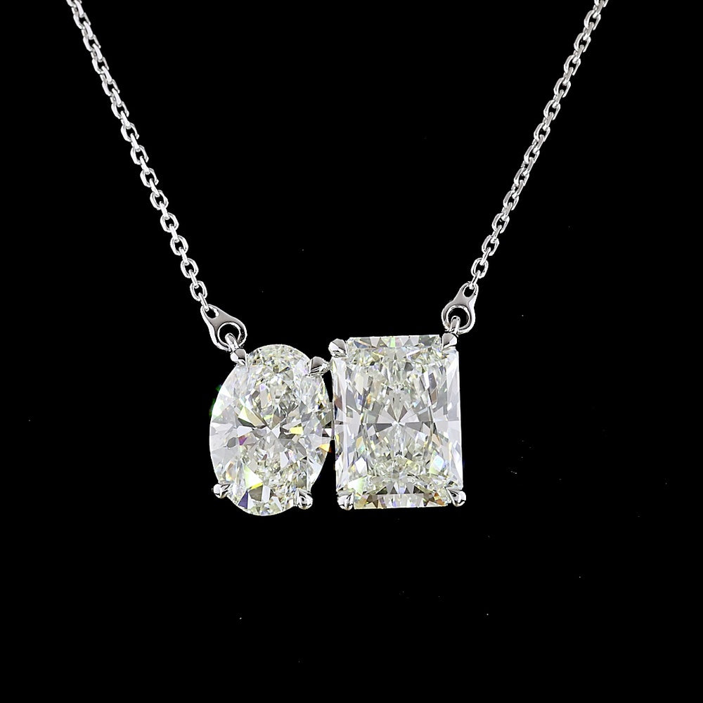 14K White Gold Toi et Moi Pendant with 2.80 Carat Radiant Cut and 2.02 Carat Oval Cut Lab Diamonds - GIA Certified, 4.82 Total Carat Weight - Covaloro Fine Jewelry