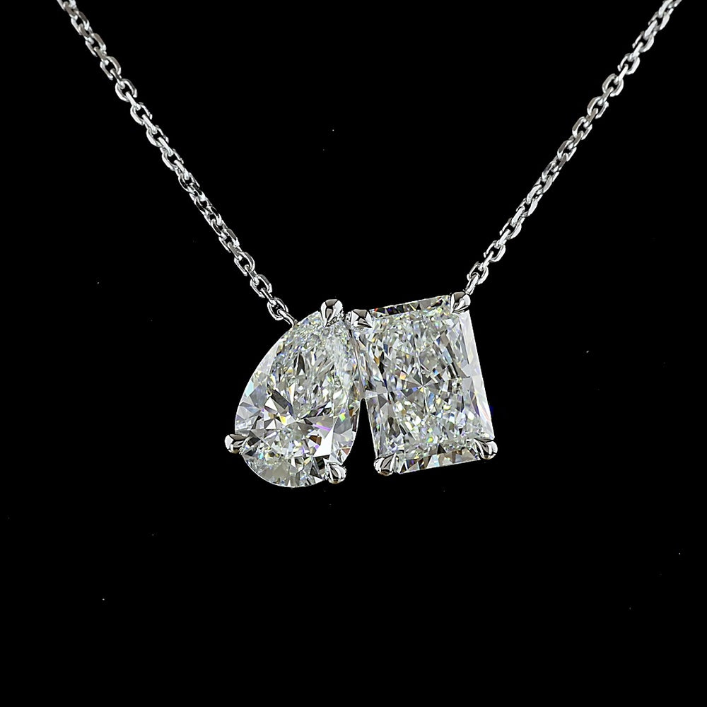 14K White Gold Toi et Moi Pendant with Radiant and Pear Shaped Lab-Grown Diamonds - 3.54 Carat Total Weight, D VVS2 Clarity, IGI Certified - Covaloro Fine Jewelry