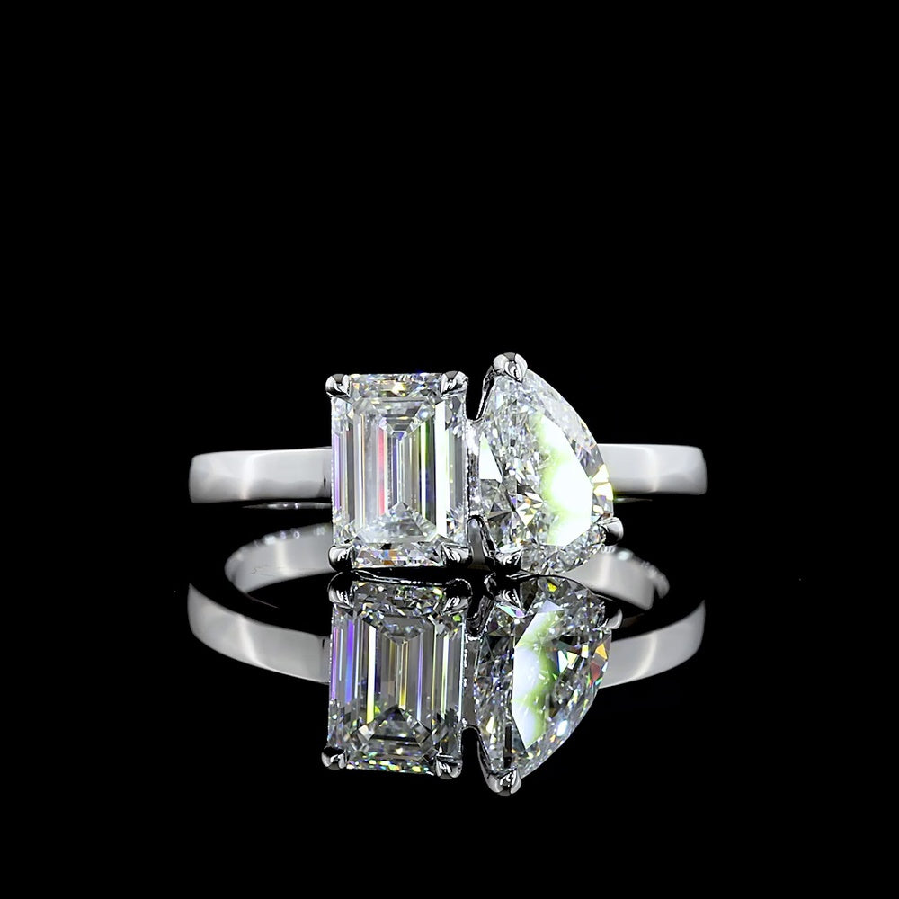 14K White Gold Toi et Moi Ring with 0.99 Carat Emerald Cut and 0.75 Carat Pear Shape Lab Grown Diamonds - 1.74 Total Carat Weight - Covaloro Fine Jewelry