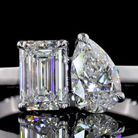 14K White Gold Toi et Moi Ring with 0.99 Carat Emerald Cut and 0.75 Carat Pear Shape Lab Grown Diamonds - 1.74 Total Carat Weight - Covaloro Fine Jewelry