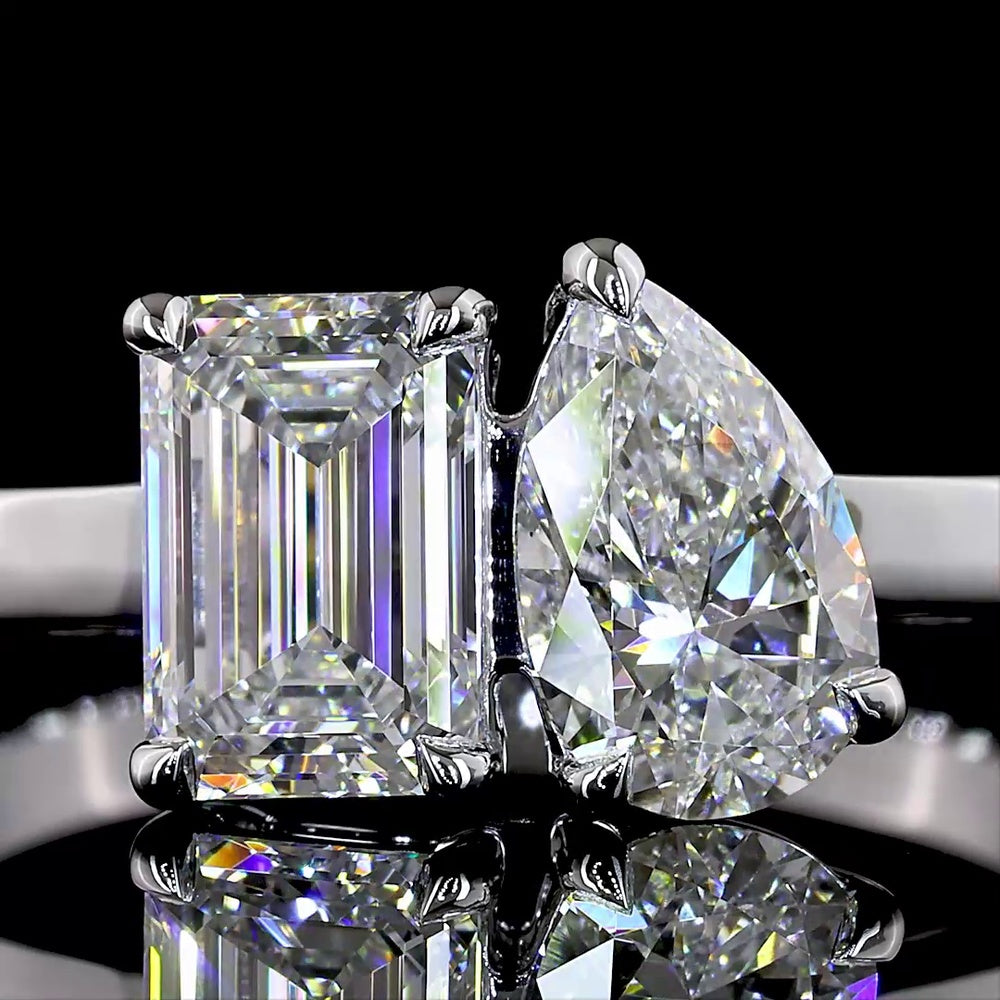 14K White Gold Toi et Moi Ring with 0.99 Carat Emerald Cut and 0.75 Carat Pear Shape Lab Grown Diamonds - 1.74 Total Carat Weight - Covaloro Fine Jewelry