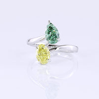 14K White Gold Toi et Moi Ring with 1.13 Carat Oval Fancy Intense Yellow Lab Diamond and 1.13 Carat Pear Fancy Vivid Green Lab Diamond - 2.26 Carat Total Weight - Covaloro Fine Jewelry