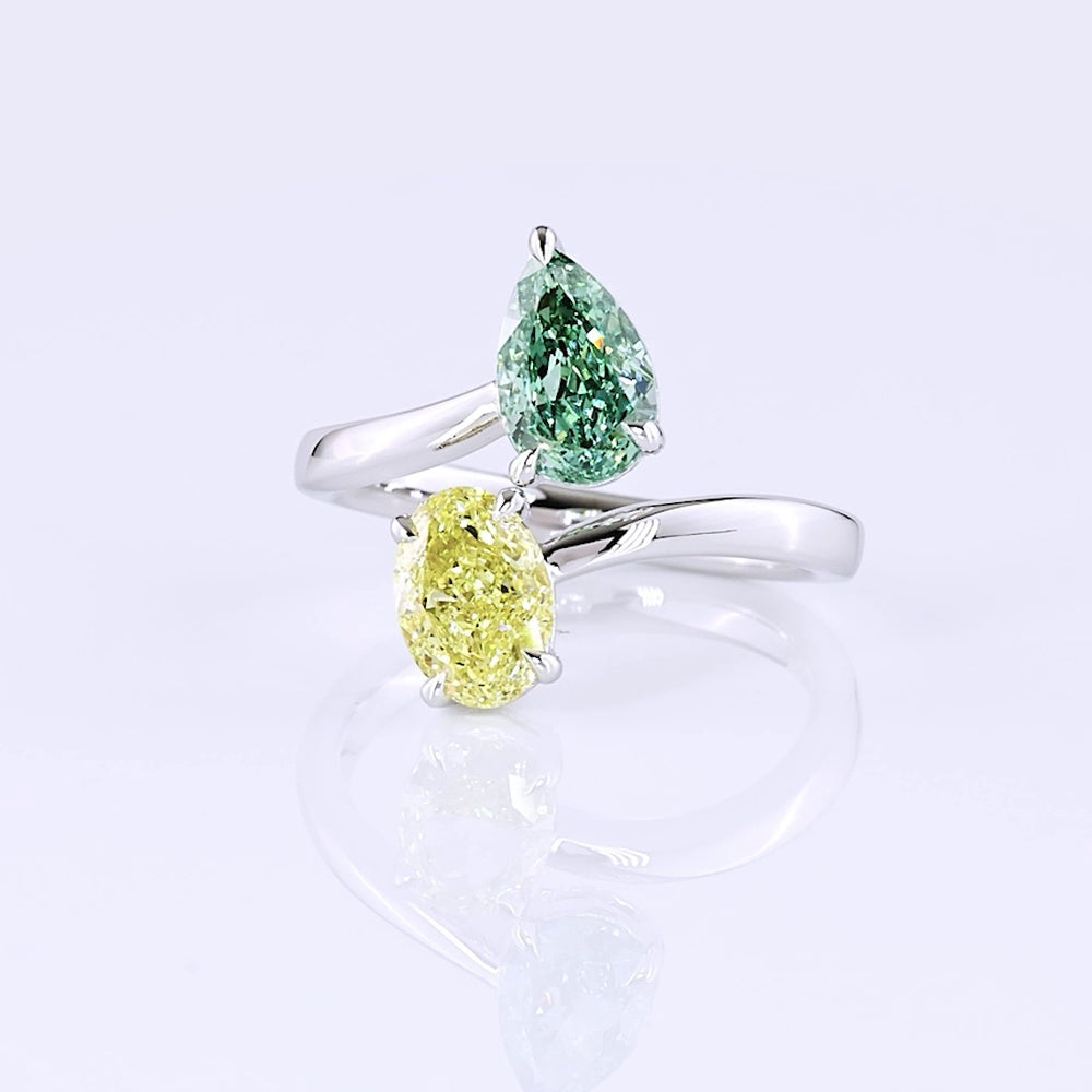 14K White Gold Toi et Moi Ring with 1.13 Carat Oval Fancy Intense Yellow Lab Diamond and 1.13 Carat Pear Fancy Vivid Green Lab Diamond - 2.26 Carat Total Weight - Covaloro Fine Jewelry