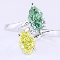 14K White Gold Toi et Moi Ring with 1.13 Carat Oval Fancy Intense Yellow Lab Diamond and 1.13 Carat Pear Fancy Vivid Green Lab Diamond - 2.26 Carat Total Weight - Covaloro Fine Jewelry