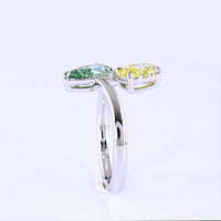 14K White Gold Toi et Moi Ring with 1.13 Carat Oval Fancy Intense Yellow Lab Diamond and 1.13 Carat Pear Fancy Vivid Green Lab Diamond - 2.26 Carat Total Weight - Covaloro Fine Jewelry