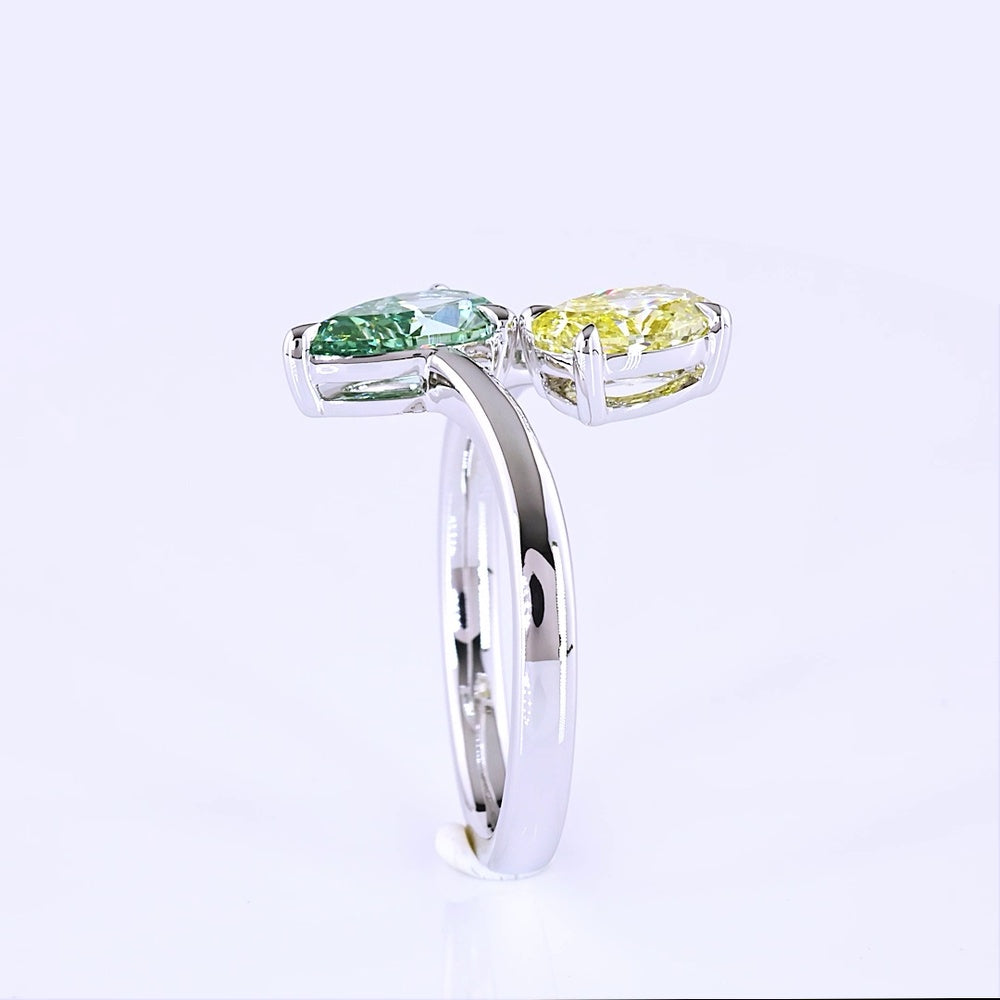 14K White Gold Toi et Moi Ring with 1.13 Carat Oval Fancy Intense Yellow Lab Diamond and 1.13 Carat Pear Fancy Vivid Green Lab Diamond - 2.26 Carat Total Weight - Covaloro Fine Jewelry