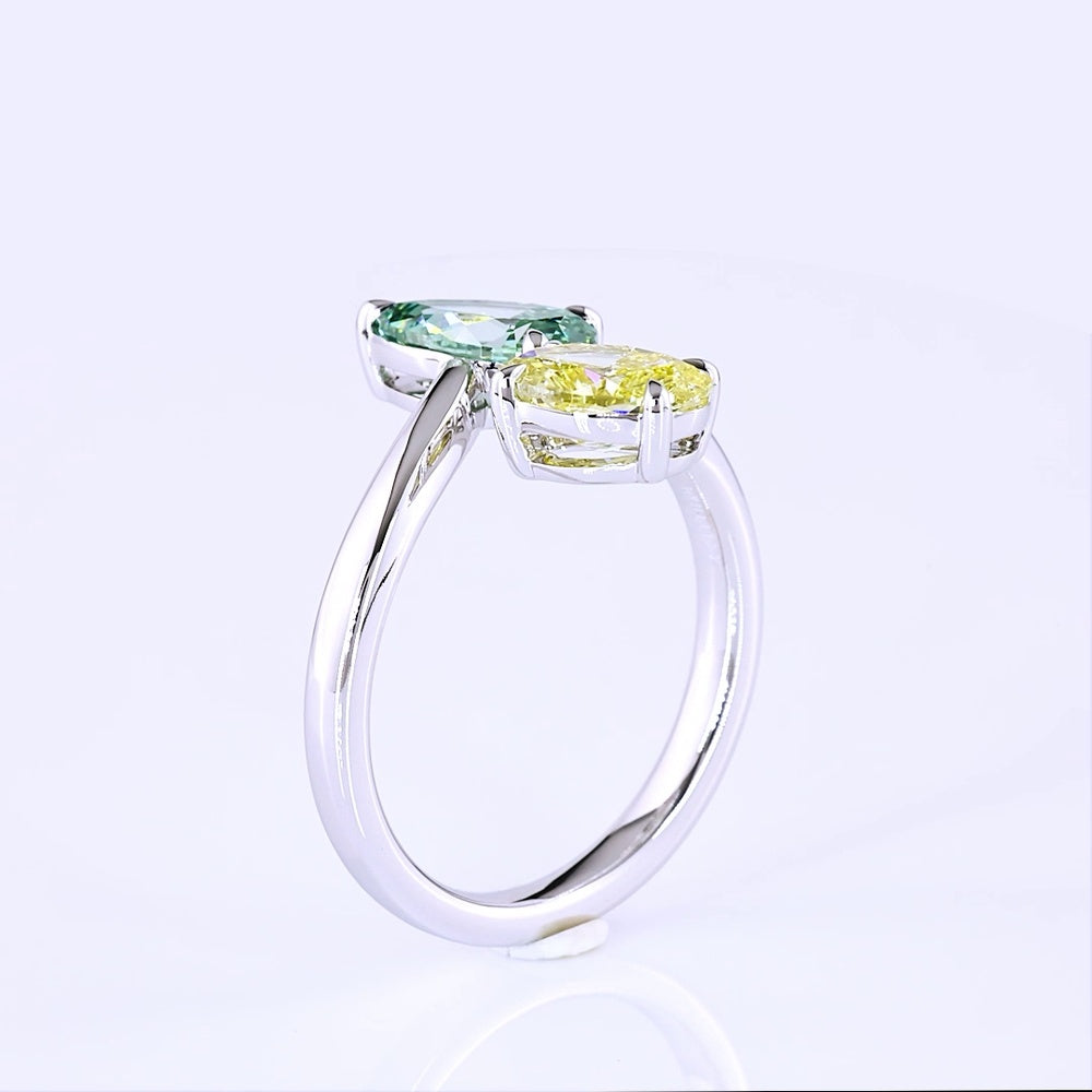14K White Gold Toi et Moi Ring with 1.13 Carat Oval Fancy Intense Yellow Lab Diamond and 1.13 Carat Pear Fancy Vivid Green Lab Diamond - 2.26 Carat Total Weight - Covaloro Fine Jewelry