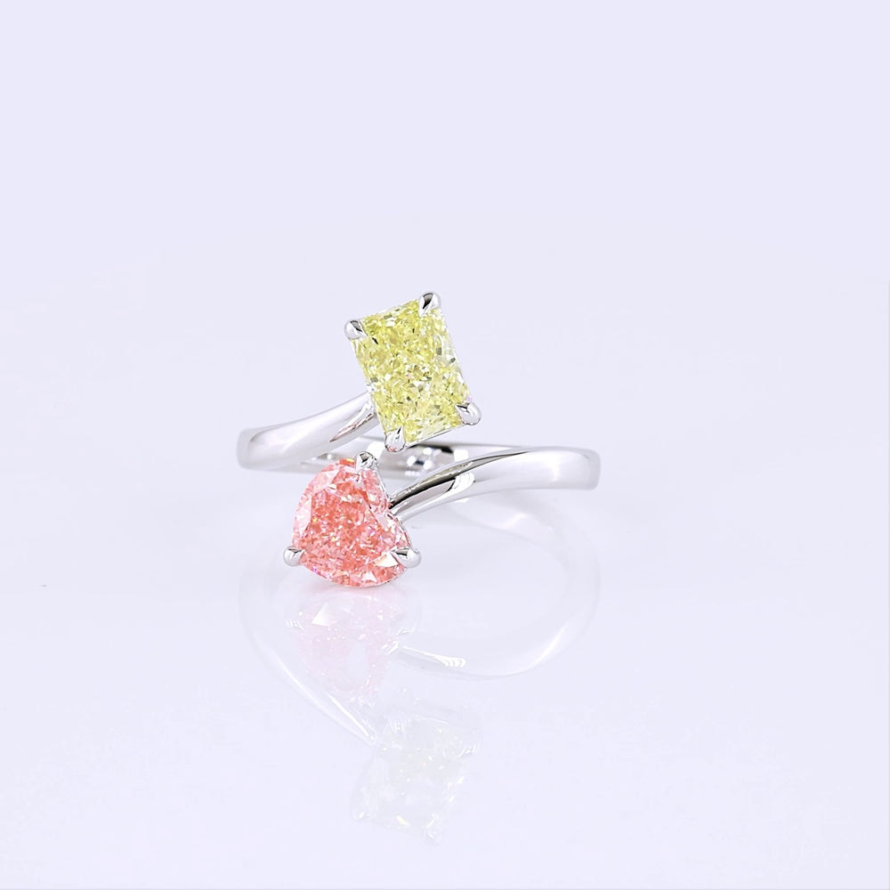 14K White Gold Toi et Moi Ring with 1.20 Carat Heart Shape Pink Lab Diamond and 1.18 Carat Radiant Cut Fancy Intense Yellow Lab Diamond - Total 2.38 Carats - Covaloro Fine Jewelry