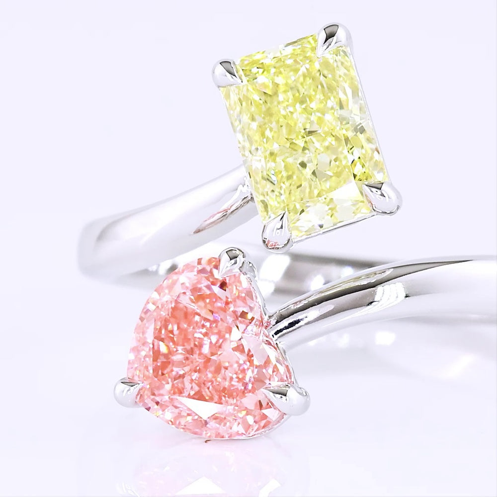 14K White Gold Toi et Moi Ring with 1.20 Carat Heart Shape Pink Lab Diamond and 1.18 Carat Radiant Cut Fancy Intense Yellow Lab Diamond - Total 2.38 Carats - Covaloro Fine Jewelry