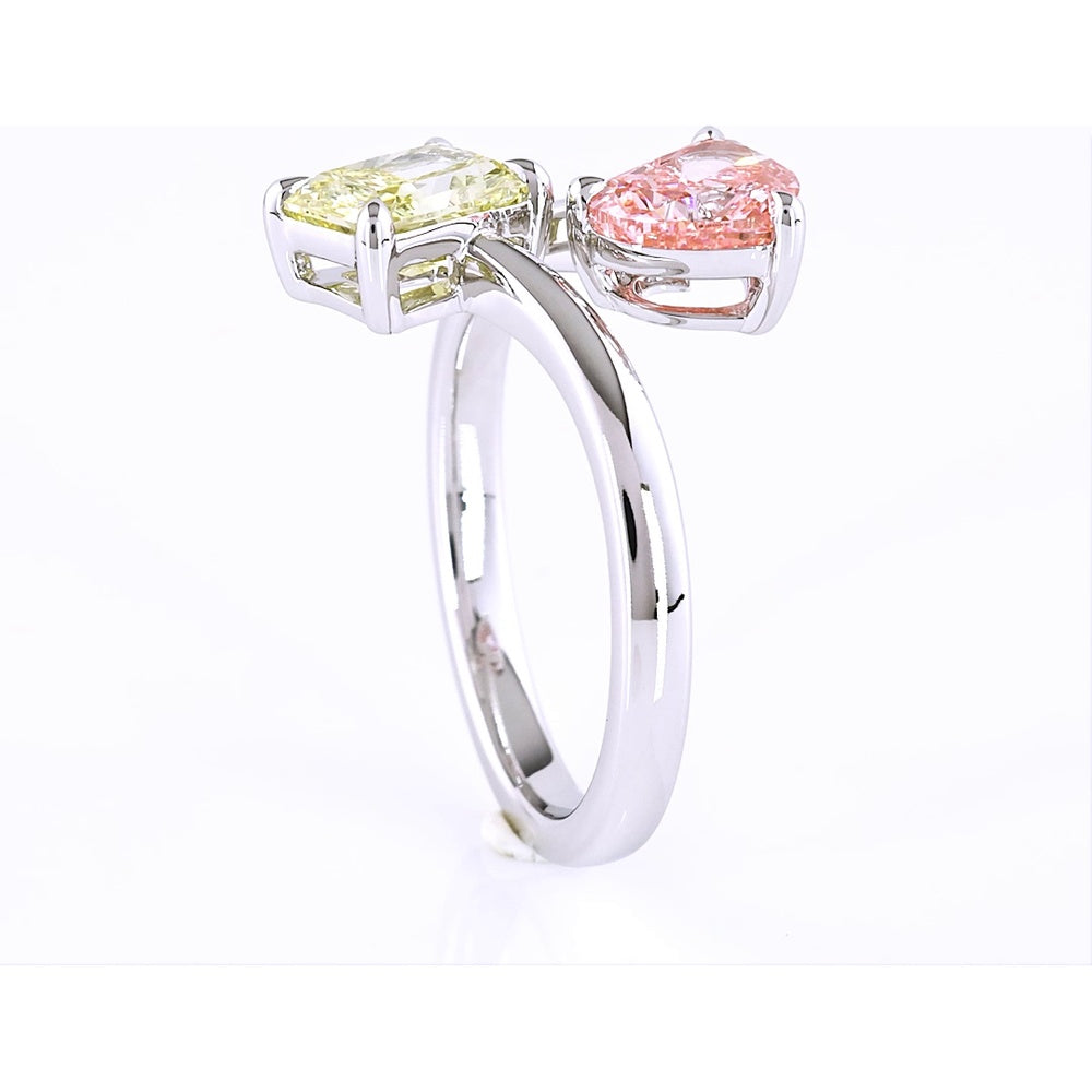 14K White Gold Toi et Moi Ring with 1.20 Carat Heart Shape Pink Lab Diamond and 1.18 Carat Radiant Cut Fancy Intense Yellow Lab Diamond - Total 2.38 Carats - Covaloro Fine Jewelry