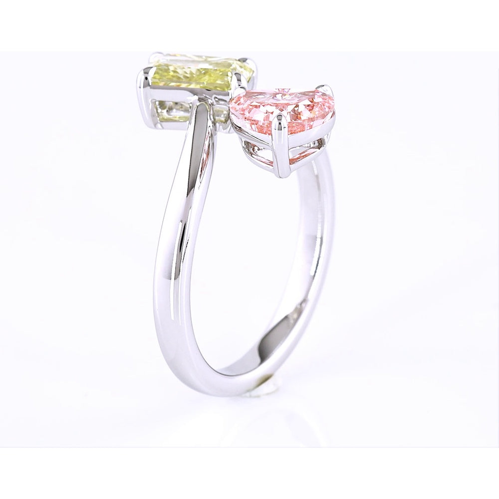 14K White Gold Toi et Moi Ring with 1.20 Carat Heart Shape Pink Lab Diamond and 1.18 Carat Radiant Cut Fancy Intense Yellow Lab Diamond - Total 2.38 Carats - Covaloro Fine Jewelry