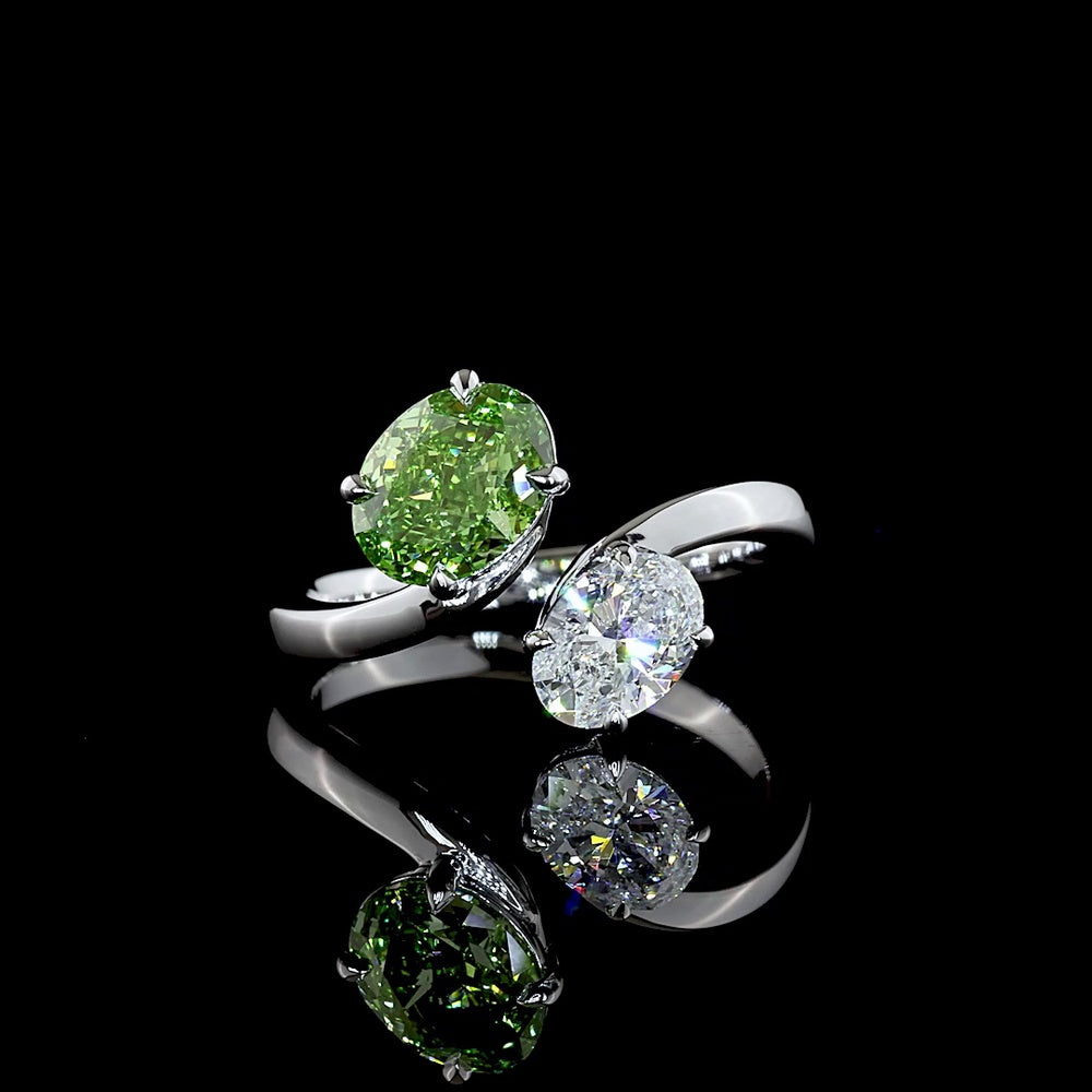 14K White Gold Toi et Moi Ring with 1.54 Carats Oval Bright Green Lab Diamond and 0.70 Carats Oval Colorless Lab Diamond - 2.24 Carats Total Diamond Weight - Covaloro Fine Jewelry