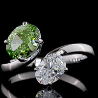 14K White Gold Toi et Moi Ring with 1.54 Carats Oval Bright Green Lab Diamond and 0.70 Carats Oval Colorless Lab Diamond - 2.24 Carats Total Diamond Weight - Covaloro Fine Jewelry