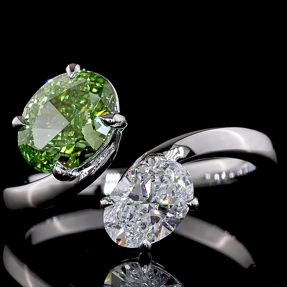 14K White Gold Toi et Moi Ring with 1.54 Carats Oval Bright Green Lab Diamond and 0.70 Carats Oval Colorless Lab Diamond - 2.24 Carats Total Diamond Weight - Covaloro Fine Jewelry